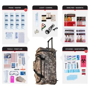 4 Person Comfort Survival Kit, Rolling Bag, Camo