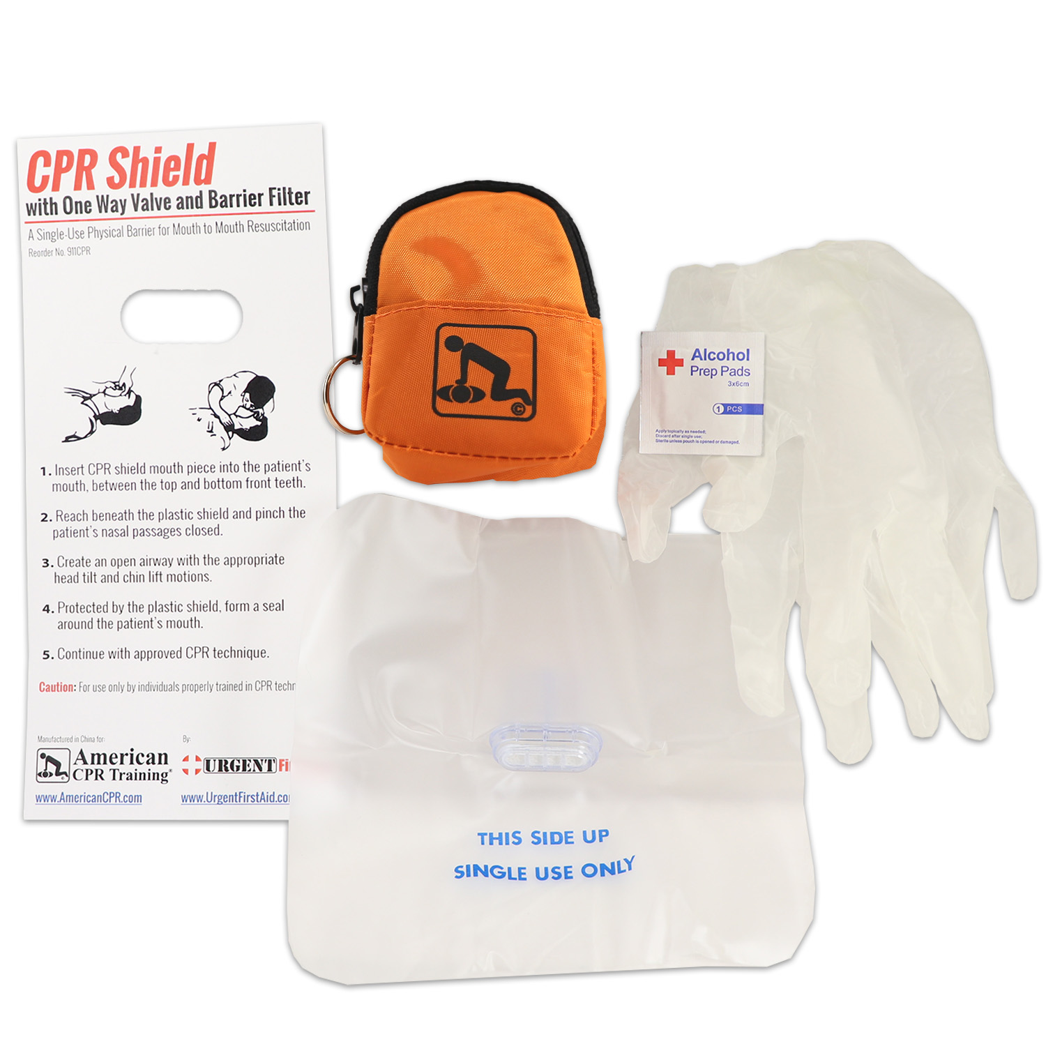 CPR Orange Beltloop Keychain Backpack with Faceshield, Gloves, and Cleansing Wipes - Image 4